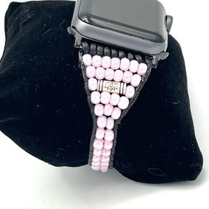 HAND CRAFTED Black Leather Apple Watch Strap with Pink Beads